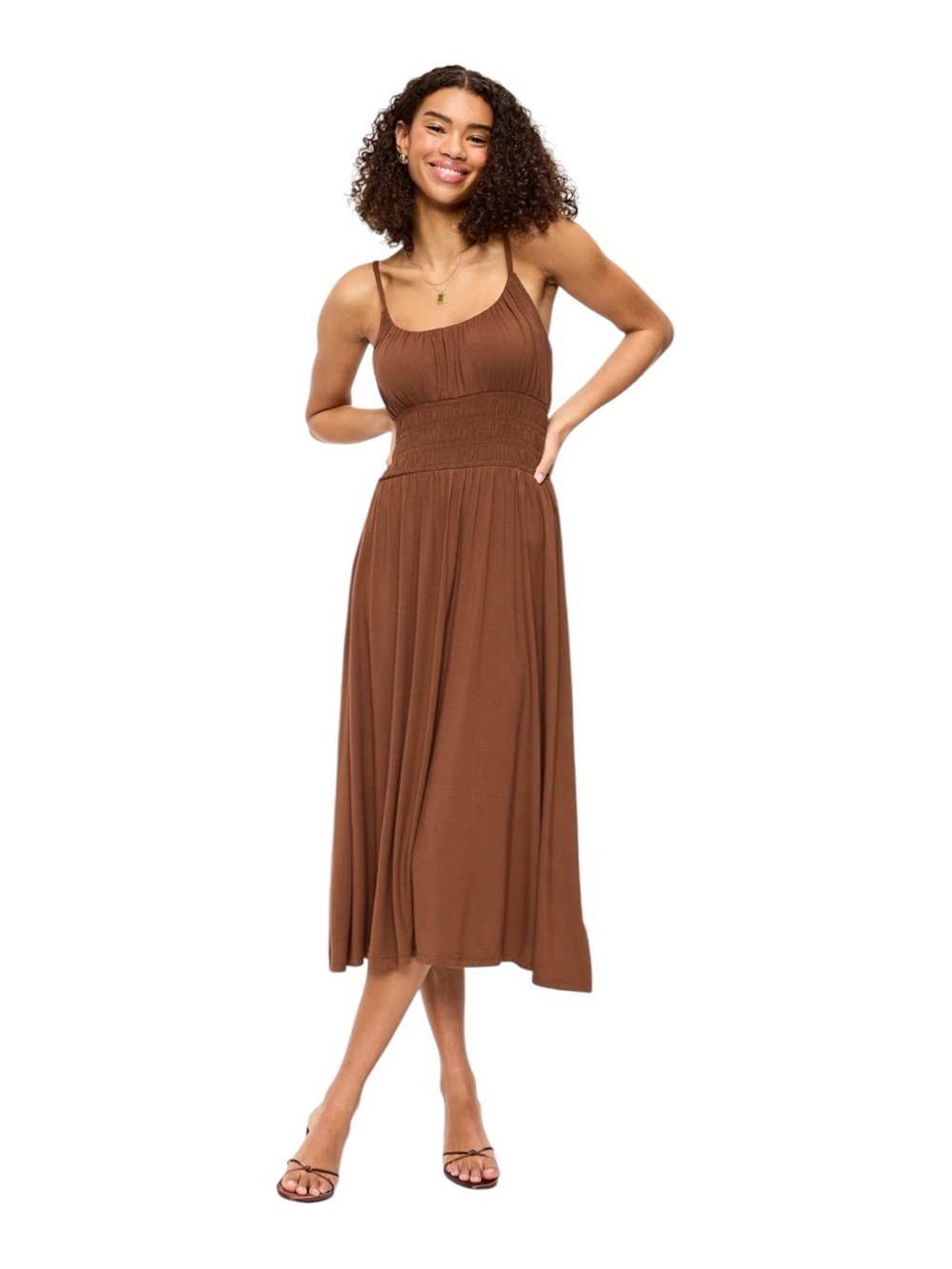 Old Navy XL Brown Jersey Smocked Waist Midi Dress Adjustable Straps NWT